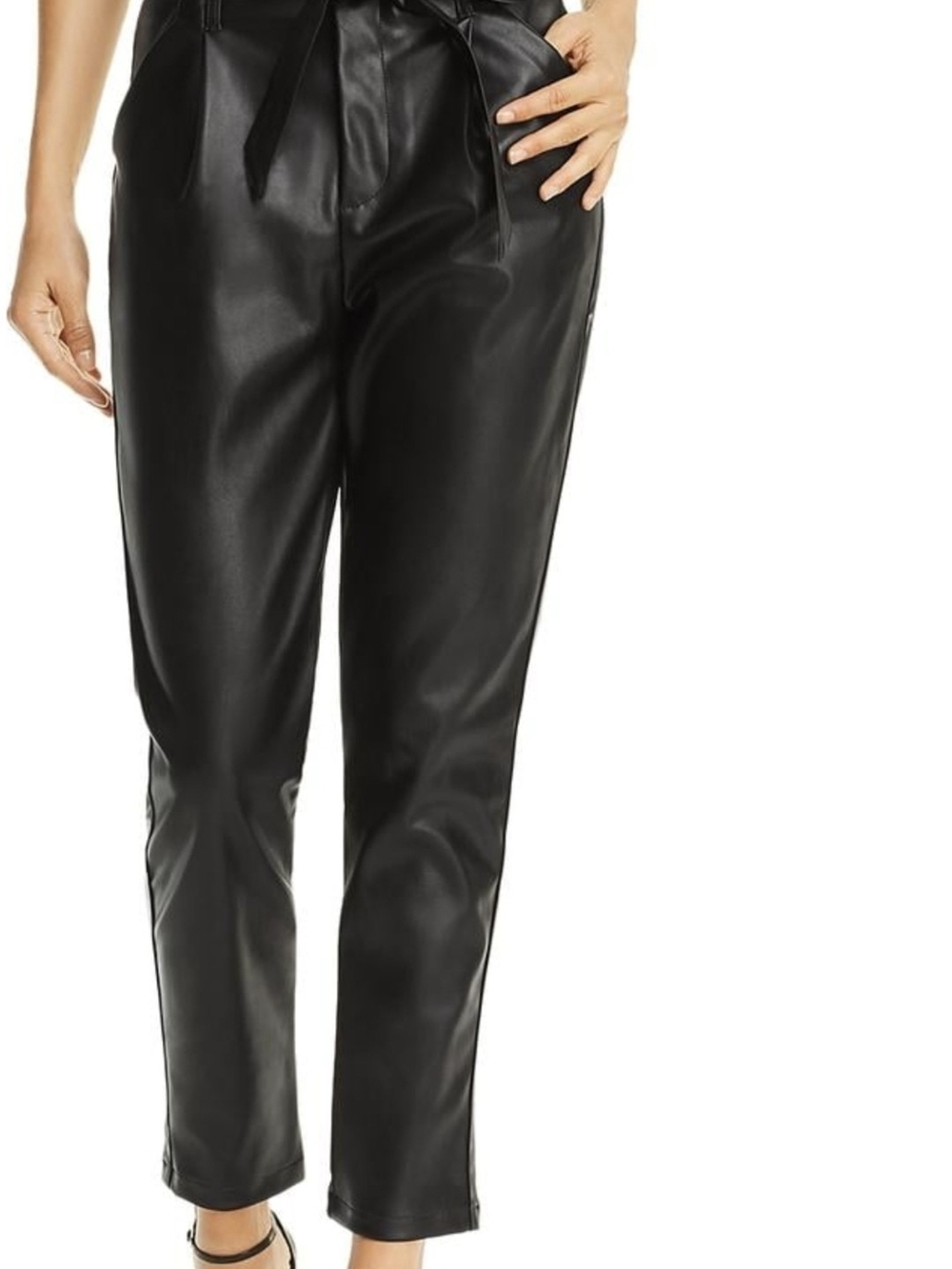 Lucy Paris Black Faux Leather Straight-Leg Paperbag Pants